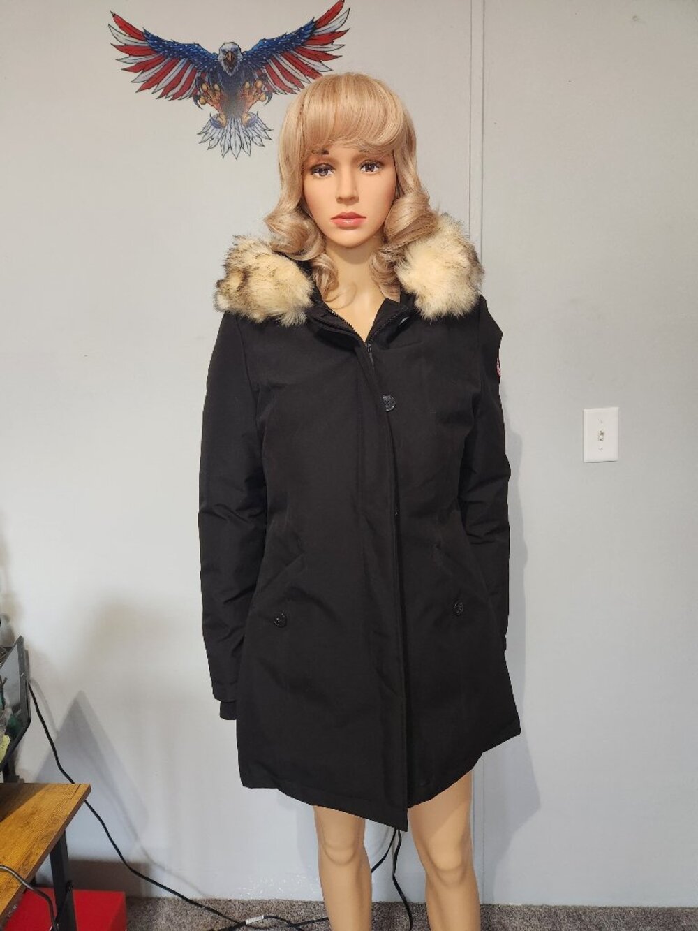 #816 Polyester/faux fur trimmed hood coat